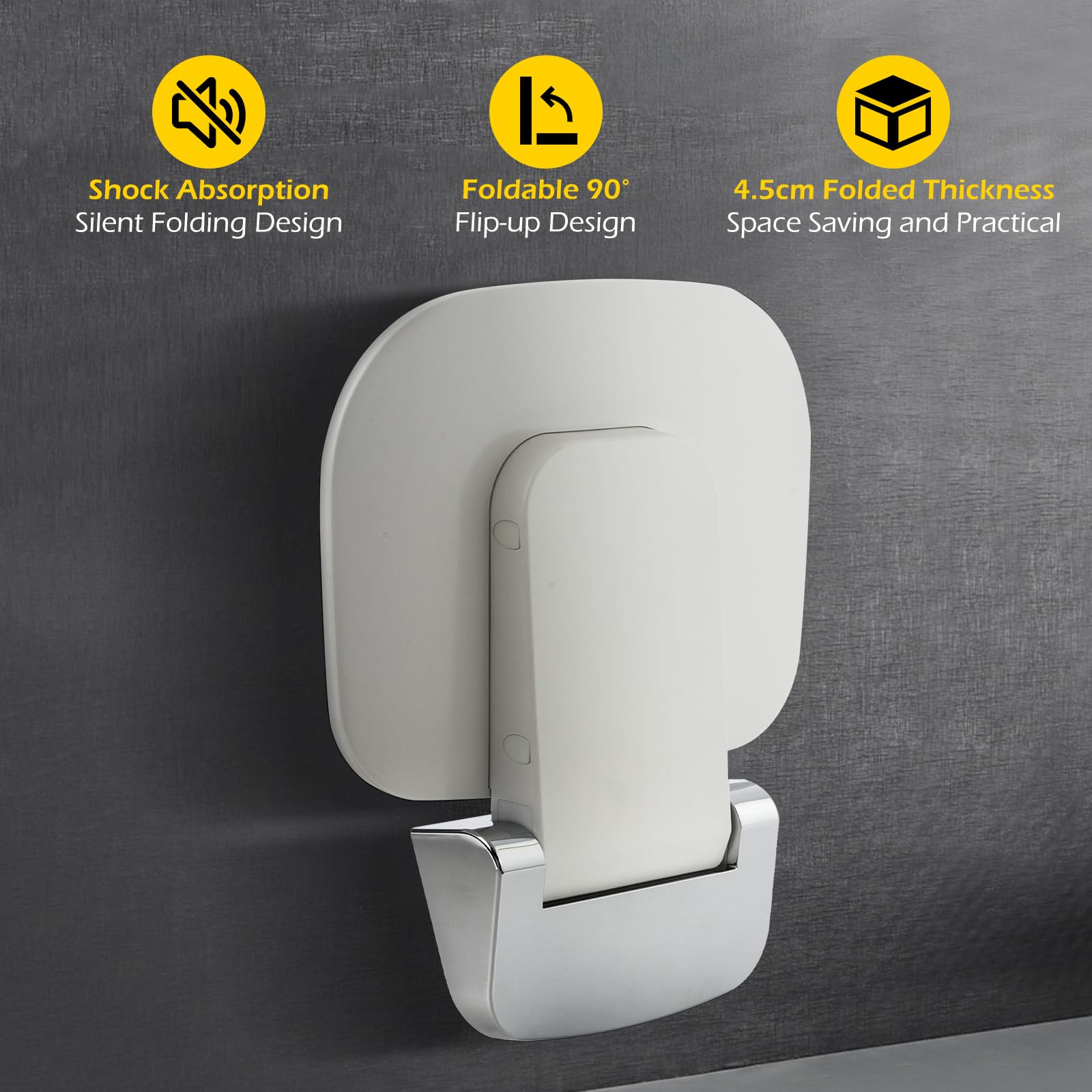 Wall Mounted Folding Shower Seat 440 lbs Load-Bearing – ABS Material Bathroom Stool with Stainless Steel Frame, Foldable 90° for Sauna, Hospital, Home Use (White) - Image 3