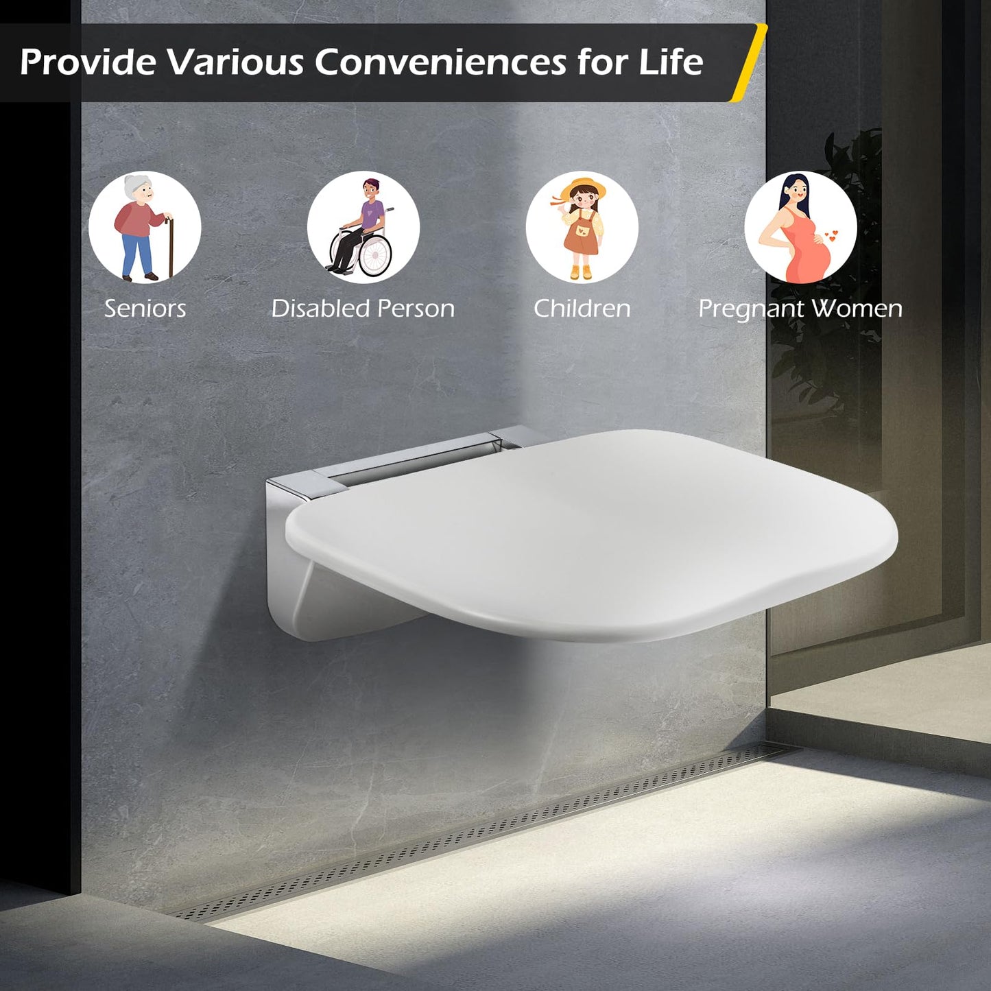 Wall Mounted Folding Shower Seat 440 lbs Load-Bearing – ABS Material Bathroom Stool with Stainless Steel Frame, Foldable 90° for Sauna, Hospital, Home Use (White) - Image 4
