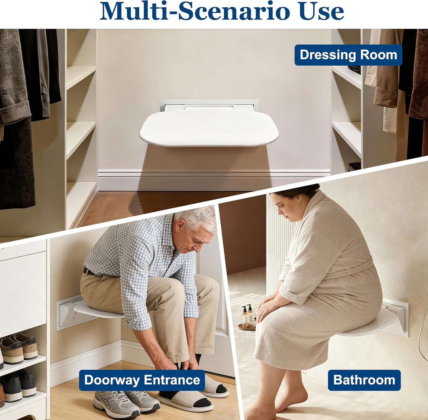 Wall Mounted Folding Shower Seat 440 lbs Load-Bearing – ABS Material Bathroom Stool with Stainless Steel Frame, Foldable 90° for Sauna, Hospital, Home Use (White) - Image 7