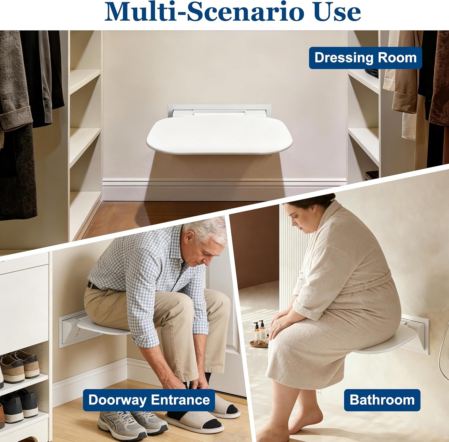 Wall Mounted Folding Shower Seat 440 lbs Load-Bearing – ABS Material Bathroom Stool with Stainless Steel Frame, Foldable 90° for Sauna, Hospital, Home Use (White) - Image 7