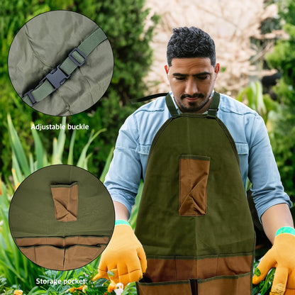 Heavy-Duty Canvas Garden Apron with Pockets & Adjustable Straps – Waterproof Long Apron for Outdoor Work, Farming, BBQ, and Gardening (Green) - Image 2