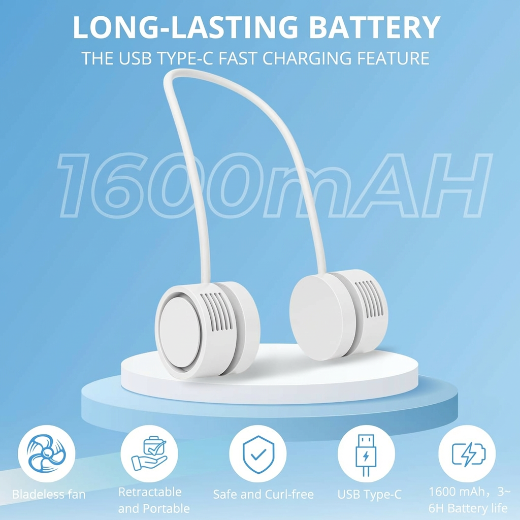 Portable Neck Fan with 1600mAh Battery – Foldable Bladeless Fan for Outdoor, Travel & Gym Use – 3-Speed Adjustable Cooling, USB-C Charging (White) - Image 3