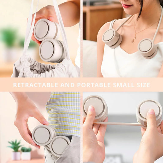 Portable Neck Fan with 1600mAh Battery – Foldable Bladeless Fan for Outdoor, Travel & Gym Use – 3-Speed Adjustable Cooling, USB-C Charging (Apricot) - Image 2