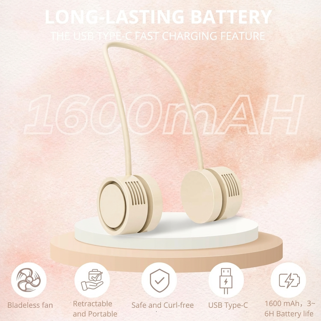 Portable Neck Fan with 1600mAh Battery – Foldable Bladeless Fan for Outdoor, Travel & Gym Use – 3-Speed Adjustable Cooling, USB-C Charging (Apricot) - Image 3