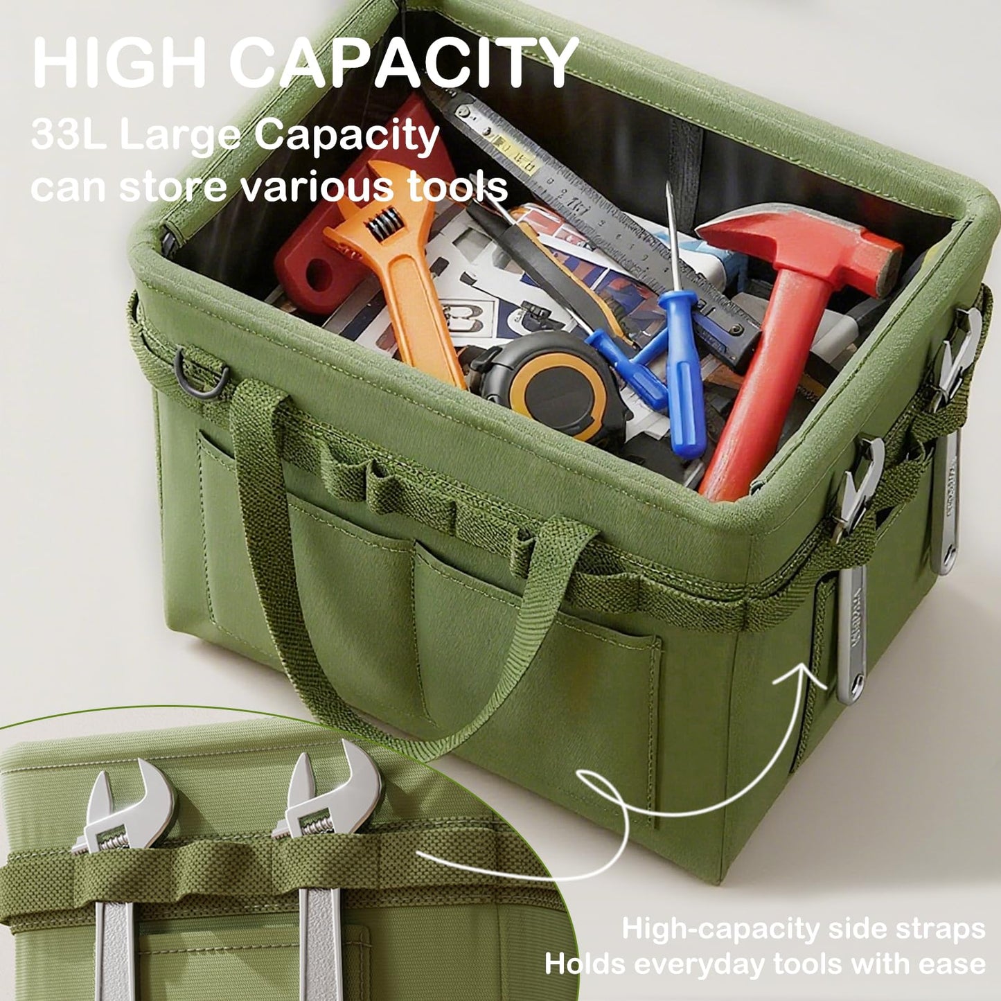 Heavy-Duty Foldable Tool Bag with Side Pockets – Multi-Compartment Oxford Carry Organizer for Tradesmen, DIYers & Outdoor Use (Green) - Image 6
