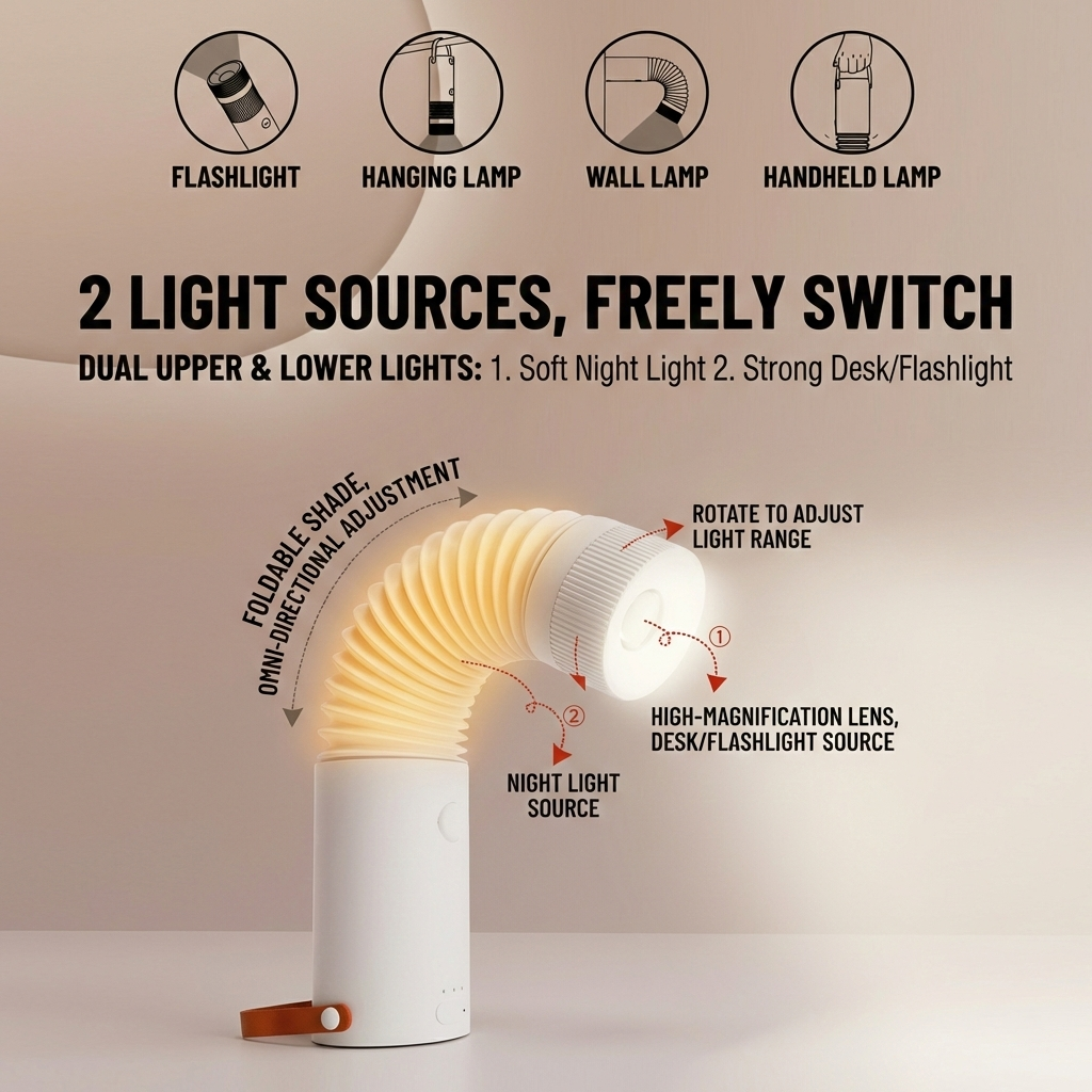 Foldable Outdoor Camping Light with Dual Brightness Modes – Rechargeable Red LED Tent Lamp, IP65 Waterproof, Magnetic Base & Adjustable Neck for Hiking and Emergency Use (Red) - Image 9