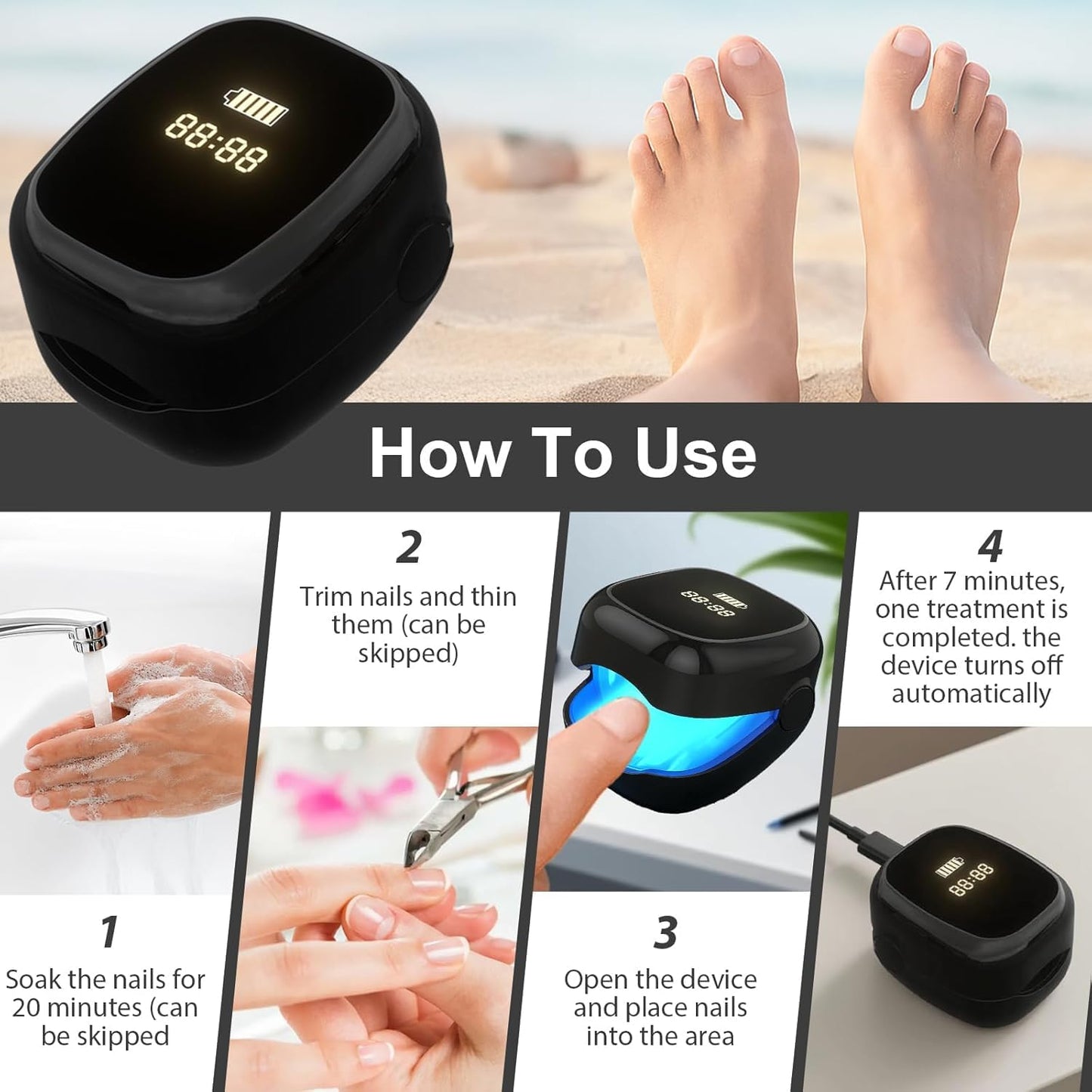 Nail Wellness Light Device (1-Piece): Red & Blue LED for Daily Nail Care Routine – Auto Timer, USB Rechargeable (Black) - Image 4