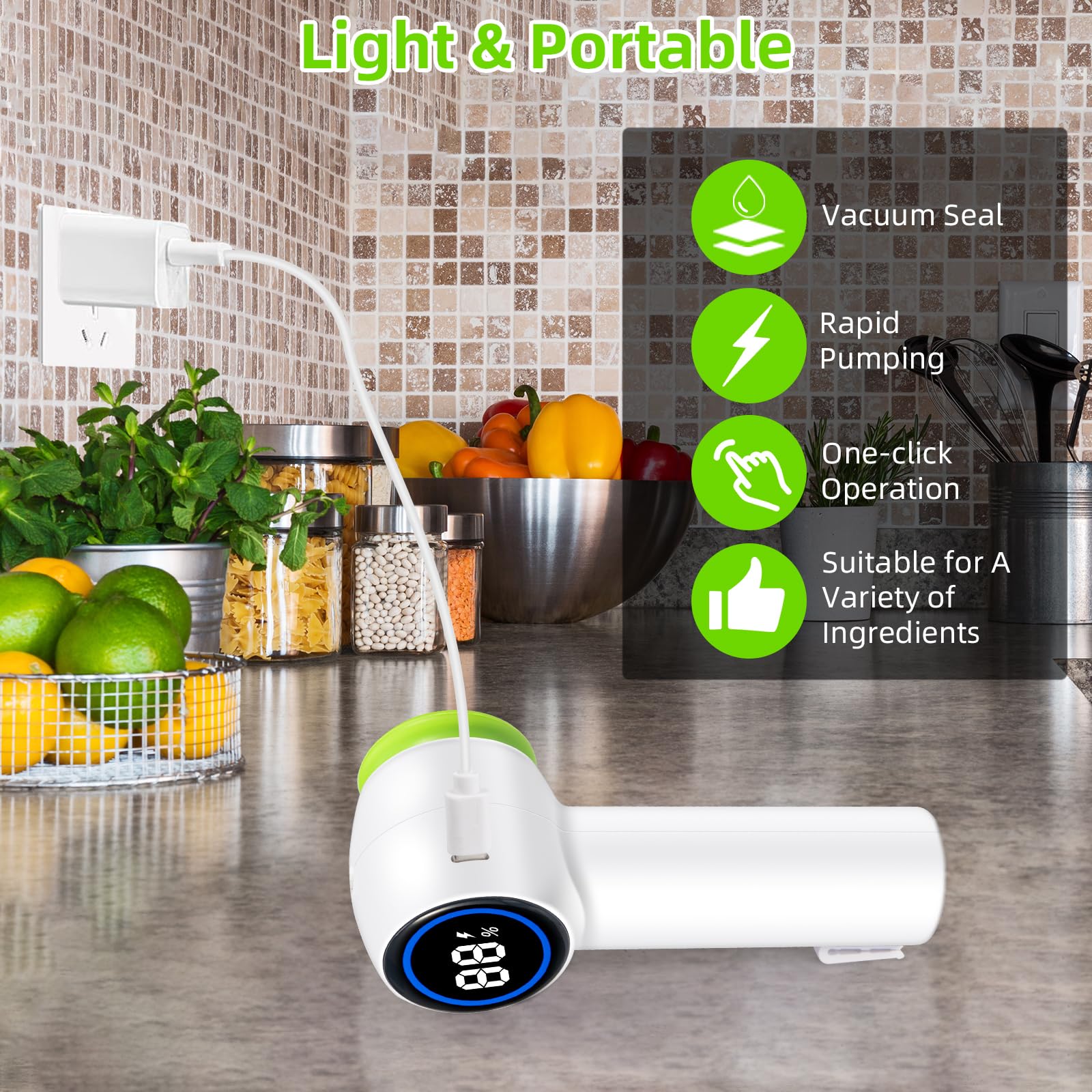 Green Electric Vacuum Sealer Kit – Portable Mason Jar & Bag Sealing Machine with Digital Display, USB Rechargeable, One-Touch Operation | Ideal for Home, Camping, Travel - Image 2