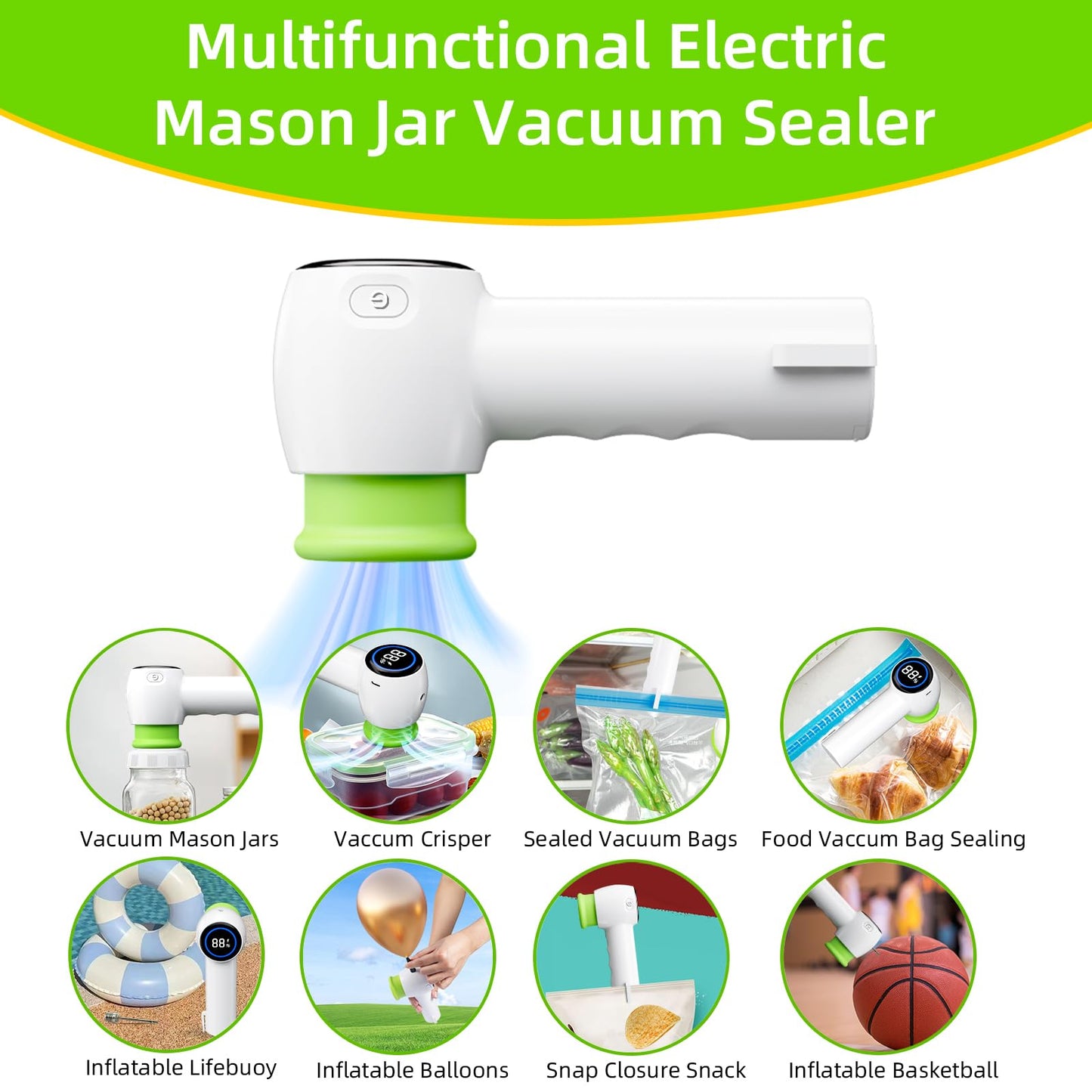 Green Electric Vacuum Sealer Kit – Portable Mason Jar & Bag Sealing Machine with Digital Display, USB Rechargeable, One-Touch Operation | Ideal for Home, Camping, Travel - Image 3