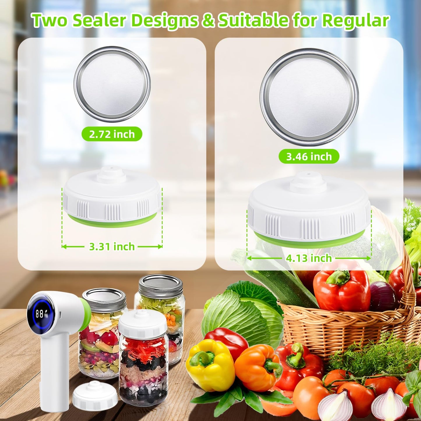 Green Electric Vacuum Sealer Kit – Portable Mason Jar & Bag Sealing Machine with Digital Display, USB Rechargeable, One-Touch Operation | Ideal for Home, Camping, Travel - Image 4