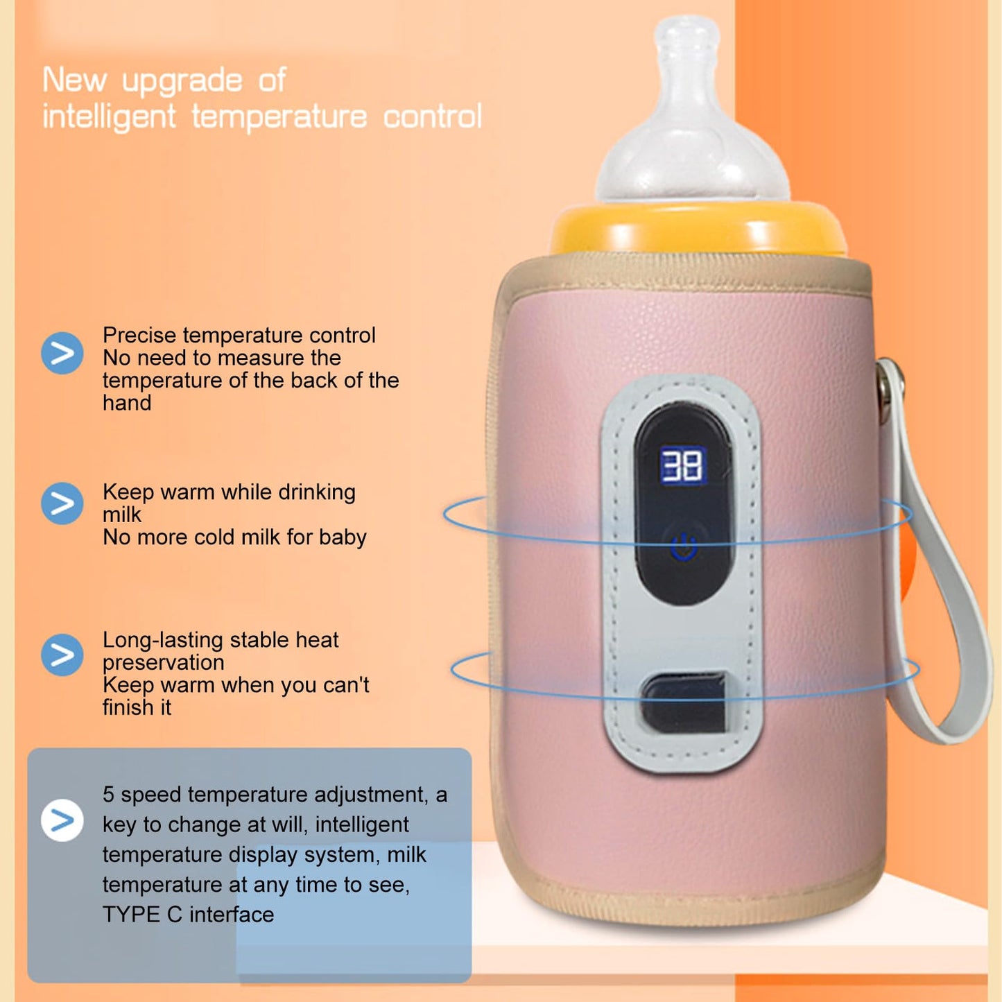 USB Baby Bottle Warmer – Portable Digital Milk Heater with 5-Temperature Settings, Rechargeable and Waterproof for Travel and Home Use (Pink) - Image 2