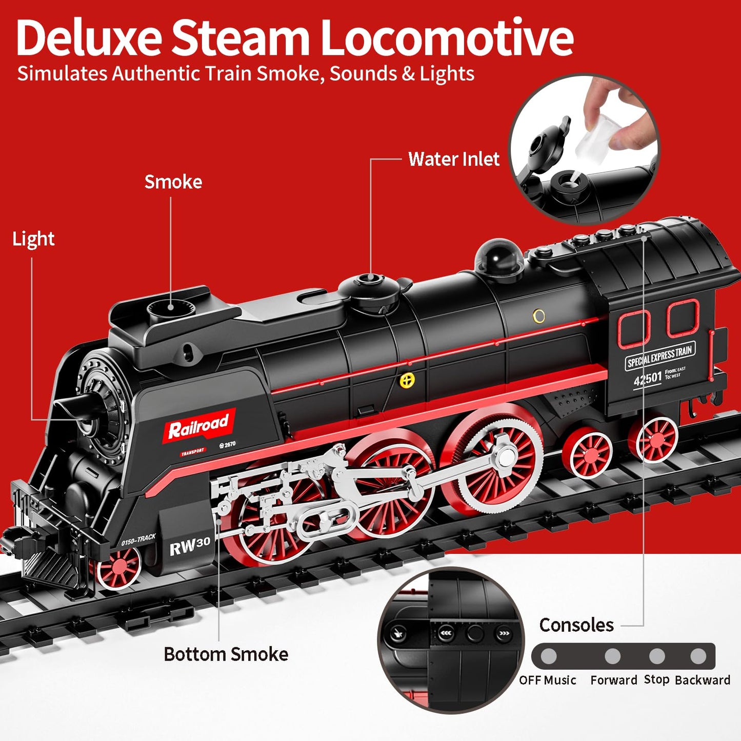 Model Train Set, Remote Control Train Toys with 3Way Smoke Locomotive, 5 Train Cars, Luxury Track Kit, Authentic Train Sounds & Lights, Rechargeable Battery, Top Present for Train Lovers (Black) - Image 2