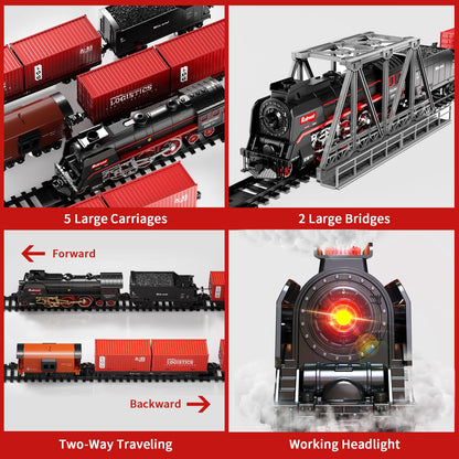 Model Train Set, Remote Control Train Toys with 3Way Smoke Locomotive, 5 Train Cars, Luxury Track Kit, Authentic Train Sounds & Lights, Rechargeable Battery, Top Present for Train Lovers (Black) - Image 5
