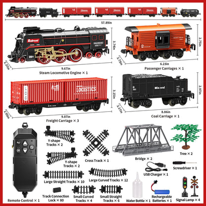 Model Train Set, Remote Control Train Toys with 3Way Smoke Locomotive, 5 Train Cars, Luxury Track Kit, Authentic Train Sounds & Lights, Rechargeable Battery, Top Present for Train Lovers (Black) - Image 7