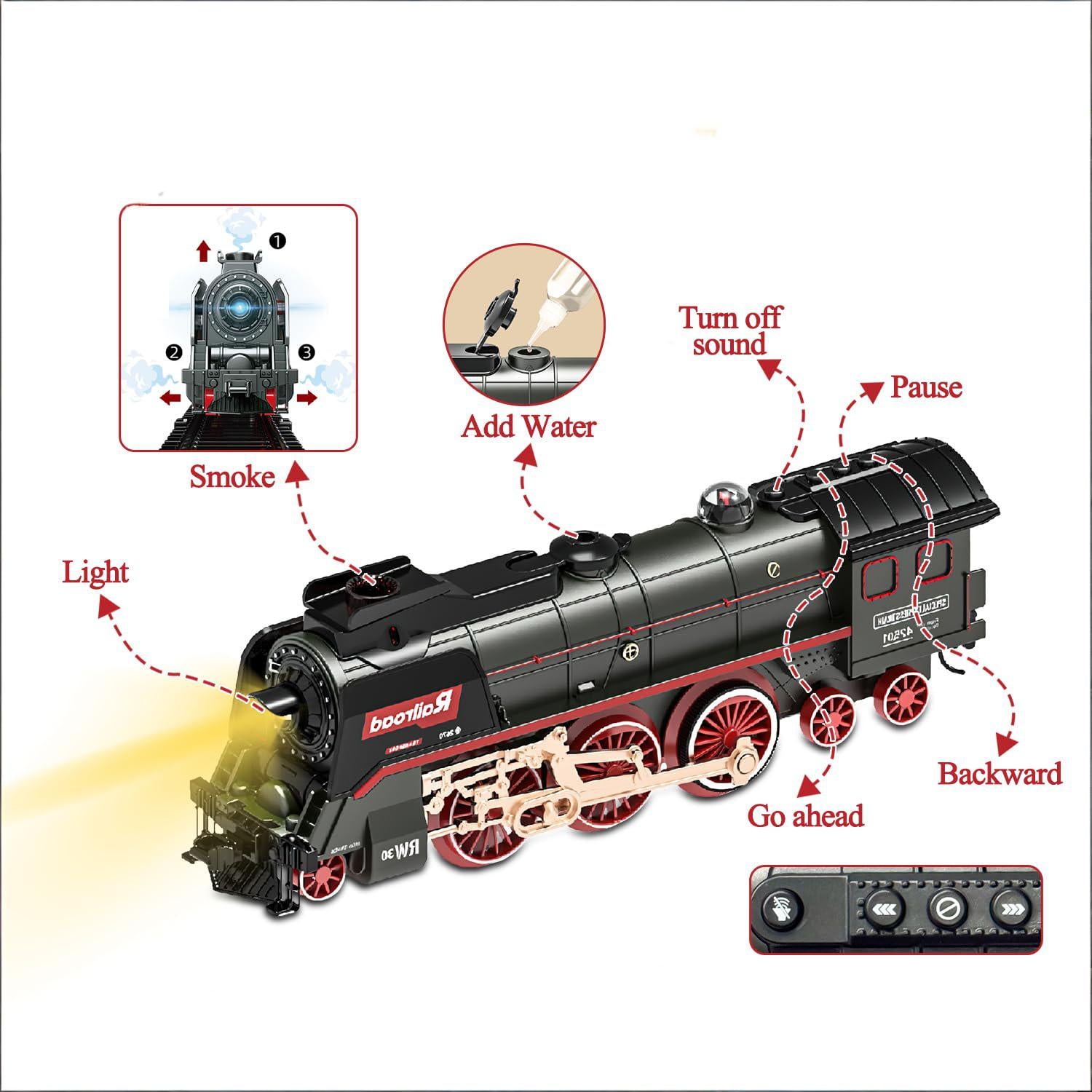 Train Set for Kids, Electric Train Toys with Realistic Light Sounds Smoke, Christmas Train Model Gifts for Toddlers Boys Girls, Steam Locomotive, Luxury Track & 2 Glowing Passenger Carriages (Black) - Image 2
