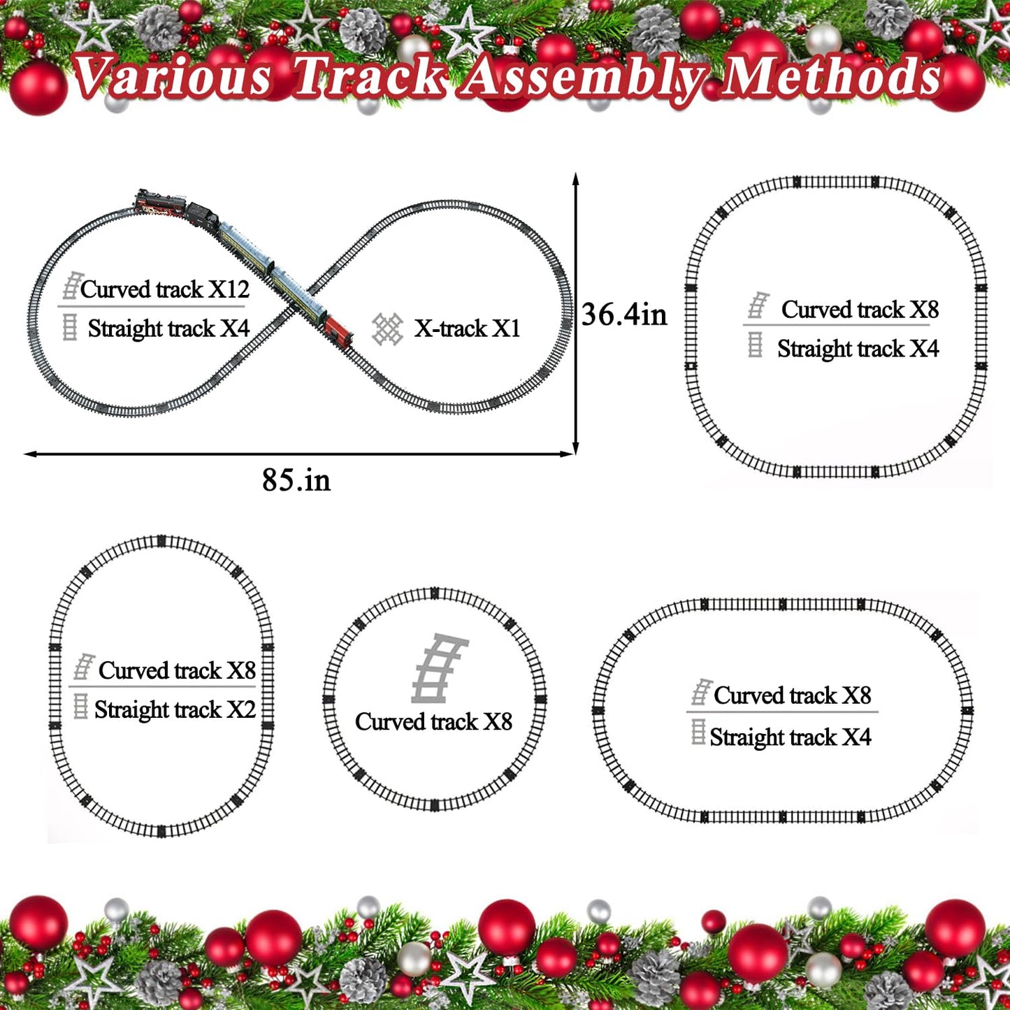 Train Set for Kids, Electric Train Toys with Realistic Light Sounds Smoke, Christmas Train Model Gifts for Toddlers Boys Girls, Steam Locomotive, Luxury Track & 2 Glowing Passenger Carriages (Black) - Image 3