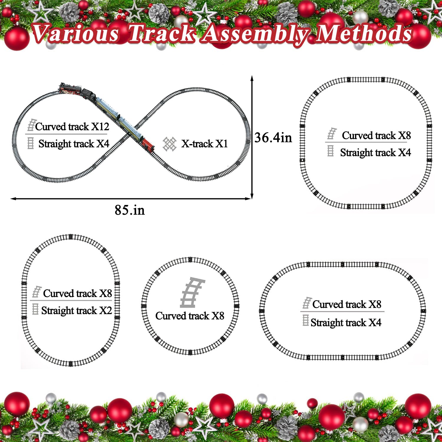 Train Set for Kids, Electric Train Toys with Realistic Light Sounds Smoke, Christmas Train Model Gifts for Toddlers Boys Girls, Steam Locomotive, Luxury Track & 2 Glowing Passenger Carriages (Black) - Image 3