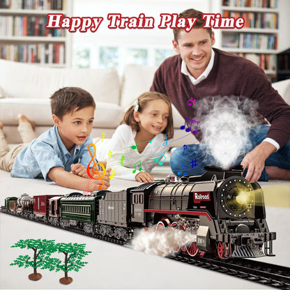 Train Set for Kids, Electric Train Toys with Realistic Light Sounds Smoke, Christmas Train Model Gifts for Toddlers Boys Girls, Steam Locomotive, Luxury Track & 2 Glowing Passenger Carriages (Black) - Image 6