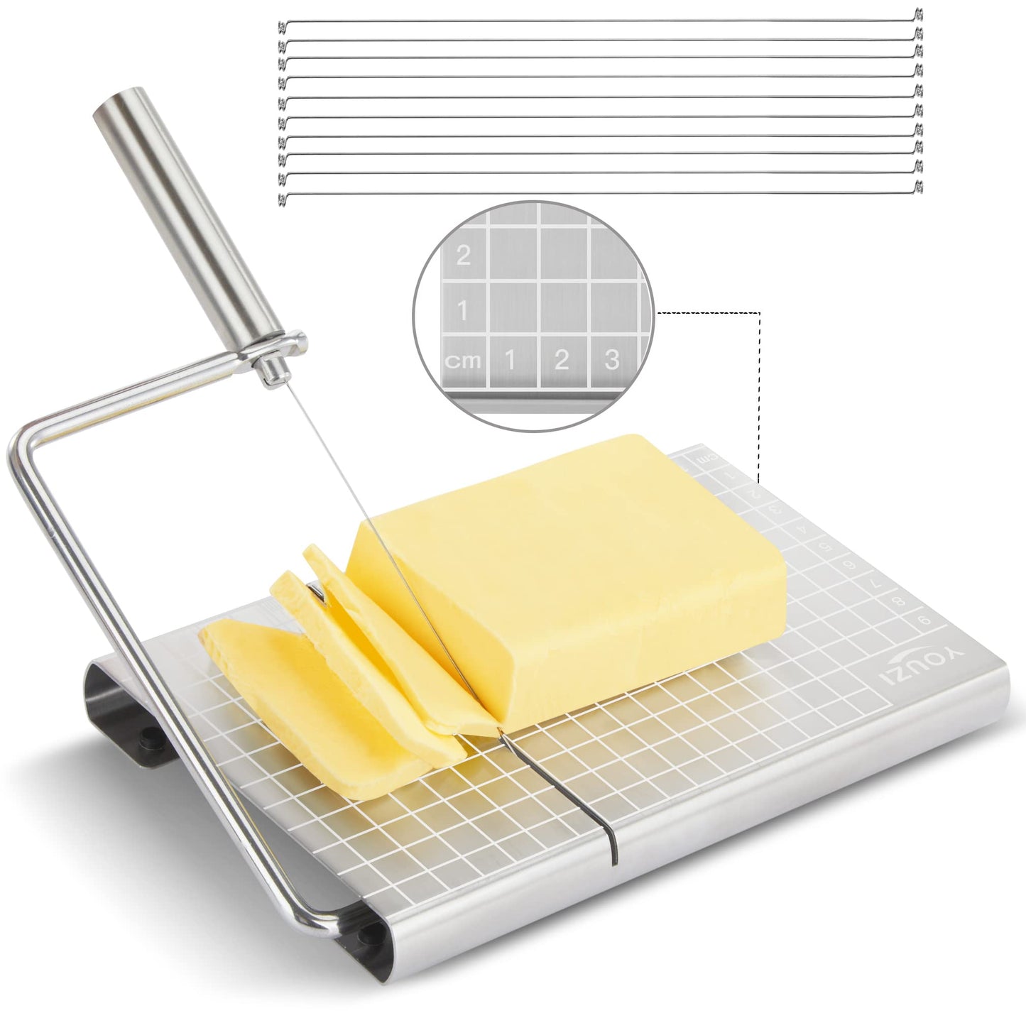 Stainless Steel Cheese Slicer with 10 Replacement Wires – Precision Grid Cutting Board, Ergonomic Handle, Easy to Clean – Ideal for Butter, Cake, Soft Cheese (Silver)