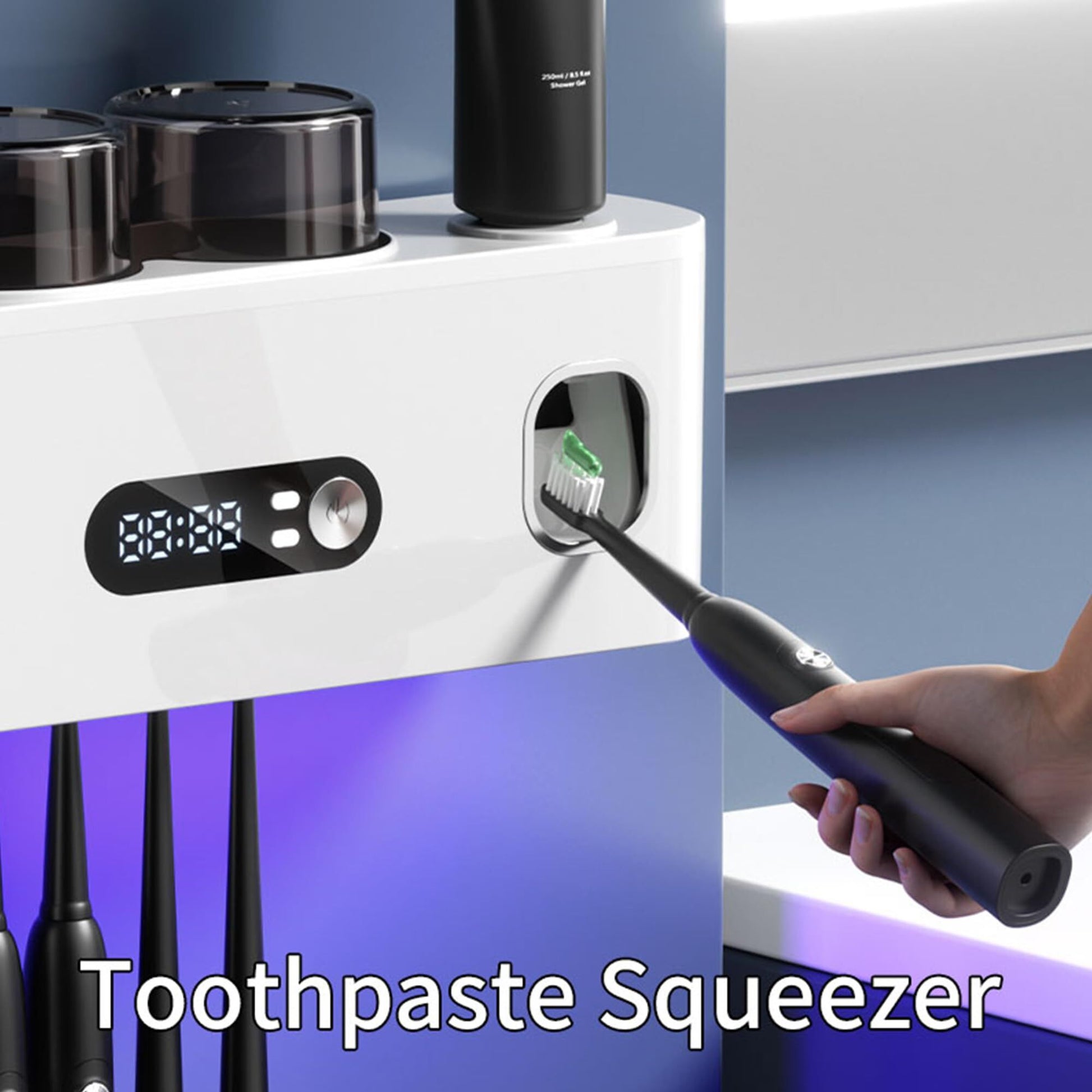 UV Toothbrush Holder with Disinfection & Toothpaste Dispenser – Wall-Mounted Bathroom Organizer with LED Display and 2 Cups - Image 3