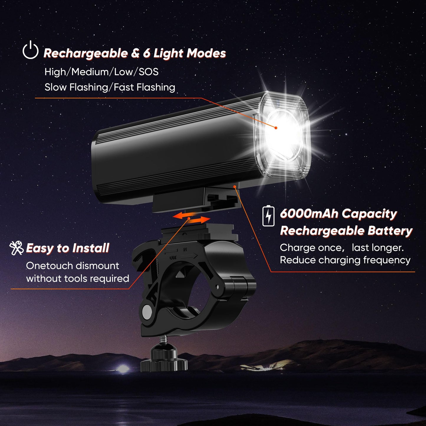Ultra-Bright 1200 Lumen Bike Light Set with USB Rechargeable Headlight & Tail Light – IP65 Waterproof Cycling Lamp for Night Riding (Black)  - Image 3