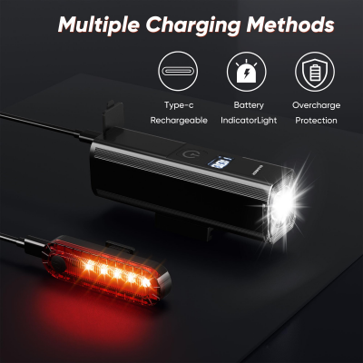 Ultra-Bright 1200 Lumen Bike Light Set with USB Rechargeable Headlight & Tail Light – IP65 Waterproof Cycling Lamp for Night Riding (Black)  - Image 5