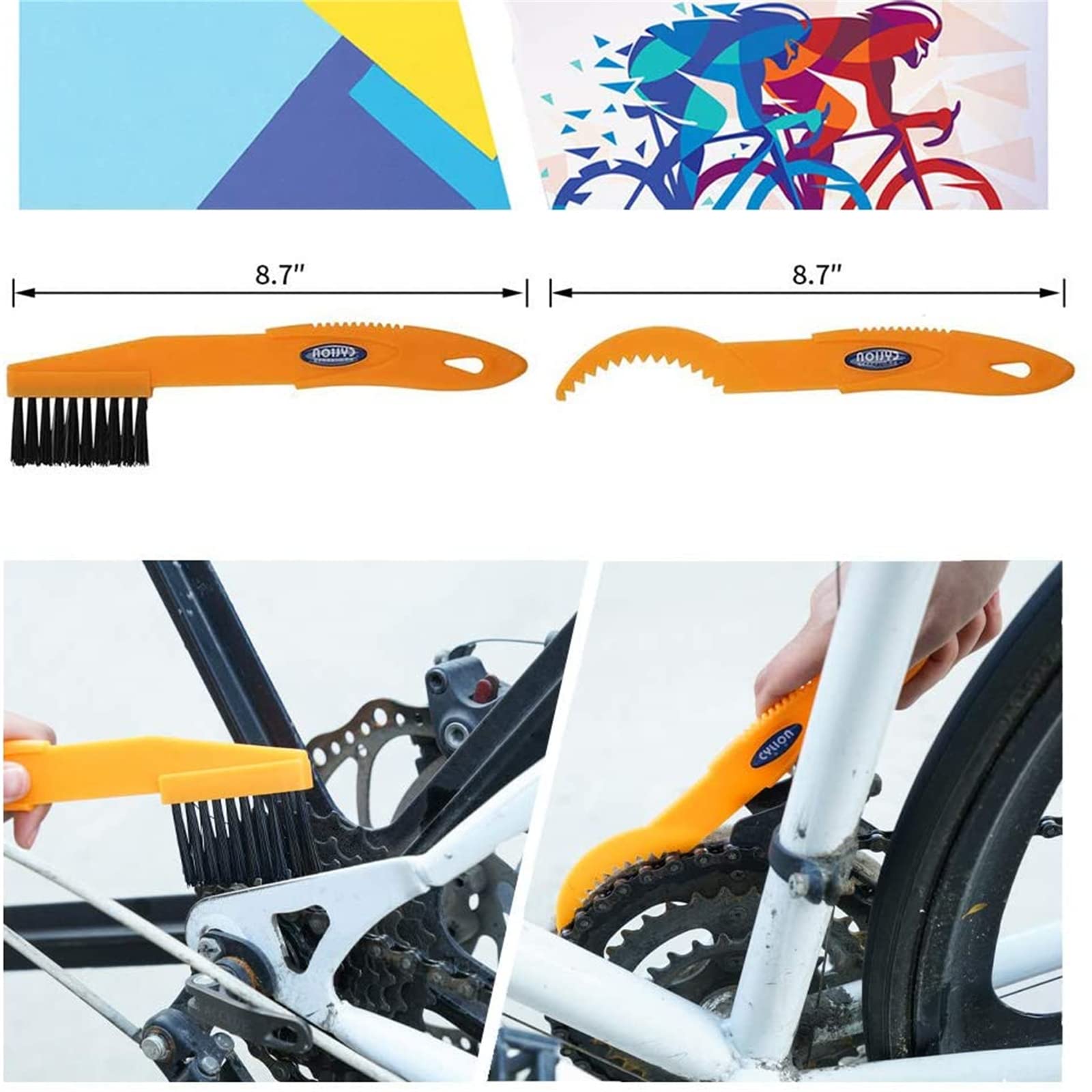 9-Piece Bike Cleaning Kit – Chain Cleaner, Tire Brush, Frame Scrubber, Gear Brush, Microfiber Glove for Mountain, Road, BMX Bikes (Yellow-Orange) - Image 5