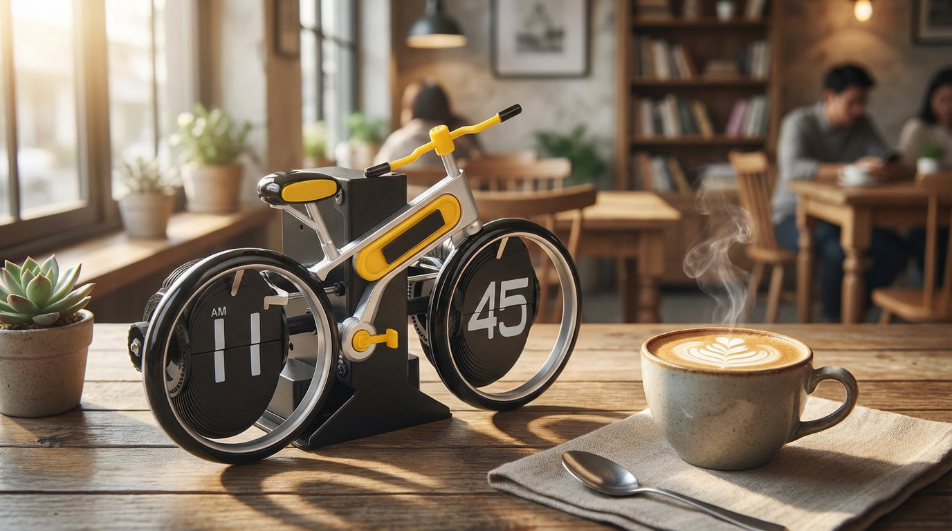 Modern Bicycle Flip Clock – Creative Mechanical Desk Timepiece with Dual Rotating Wheels, Retro Design for Home Office Decor, Compact Size (Yellow) - Image 5