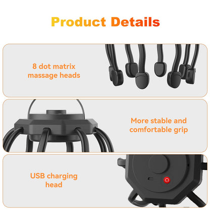 Wireless Octopus Head Massager – 8-Point Vibration Therapy, 360° Scalp Relief, Rechargeable with 3 Modes for Stress & Insomnia Relief (Black) - Image 4