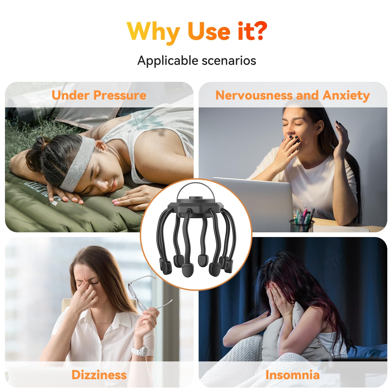 Wireless Octopus Head Massager – 8-Point Vibration Therapy, 360° Scalp Relief, Rechargeable with 3 Modes for Stress & Insomnia Relief (Black) - Image 7