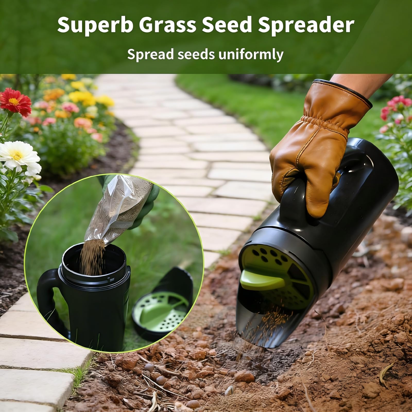 Handheld Garden Seed & Salt Spreader – 80oz Capacity, Adjustable Outlet, Ergonomic Handle for Fertilizer, Grass Seeds, Ice Melt Use (Green) - Image 3