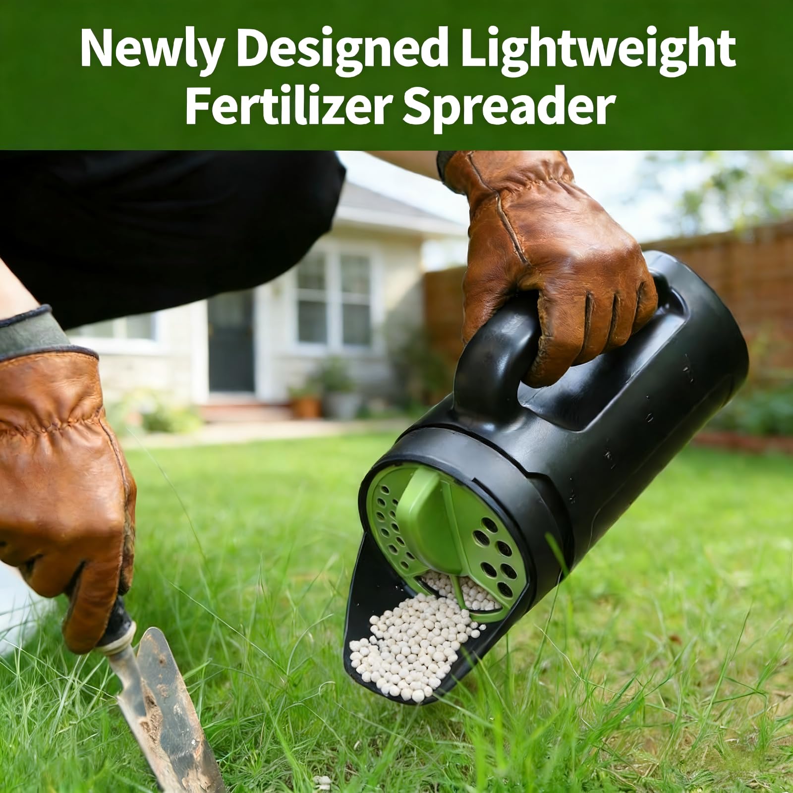 Handheld Garden Seed & Salt Spreader – 80oz Capacity, Adjustable Outlet, Ergonomic Handle for Fertilizer, Grass Seeds, Ice Melt Use (Green) - Image 4