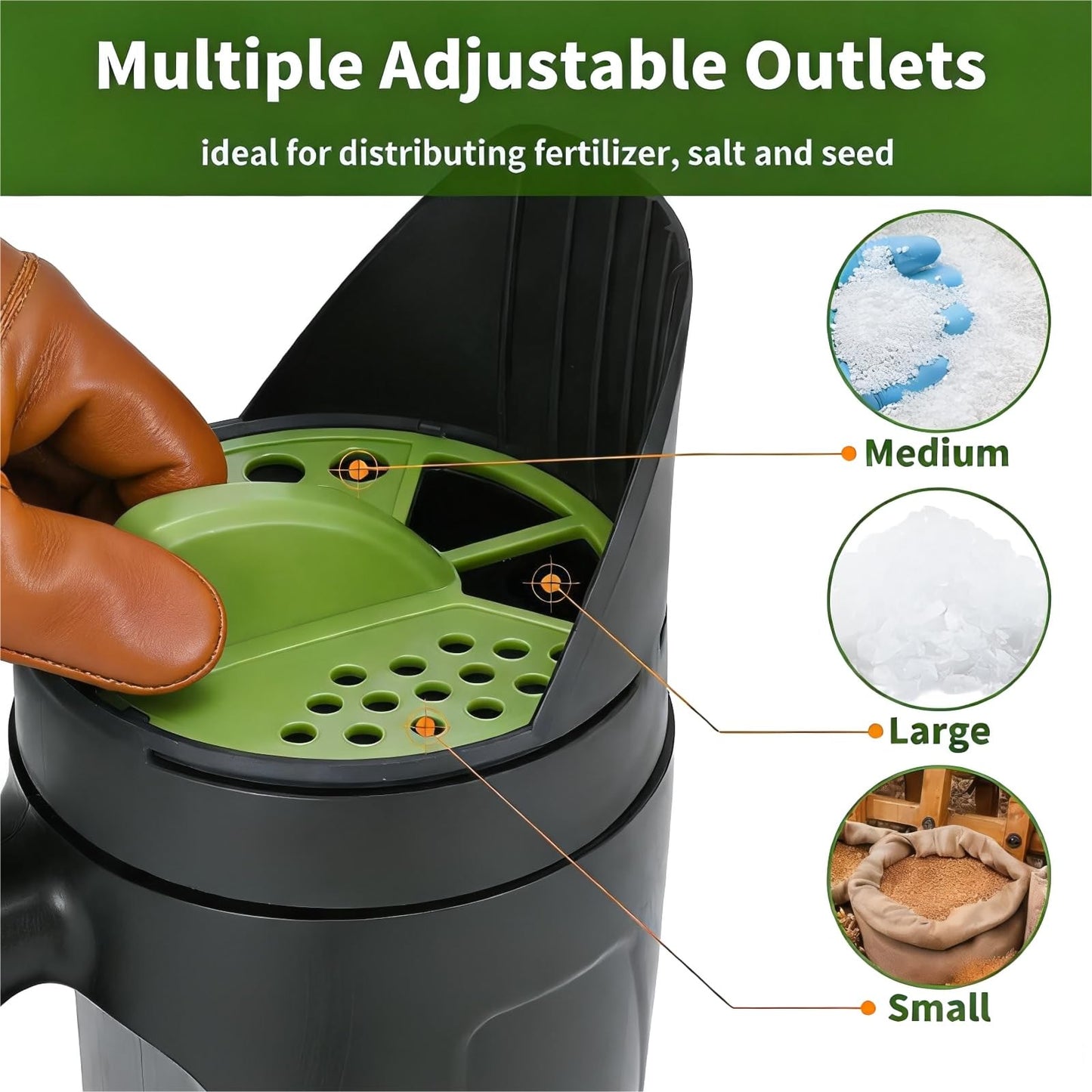 Handheld Garden Seed & Salt Spreader – 80oz Capacity, Adjustable Outlet, Ergonomic Handle for Fertilizer, Grass Seeds, Ice Melt Use (Green) - Image 5