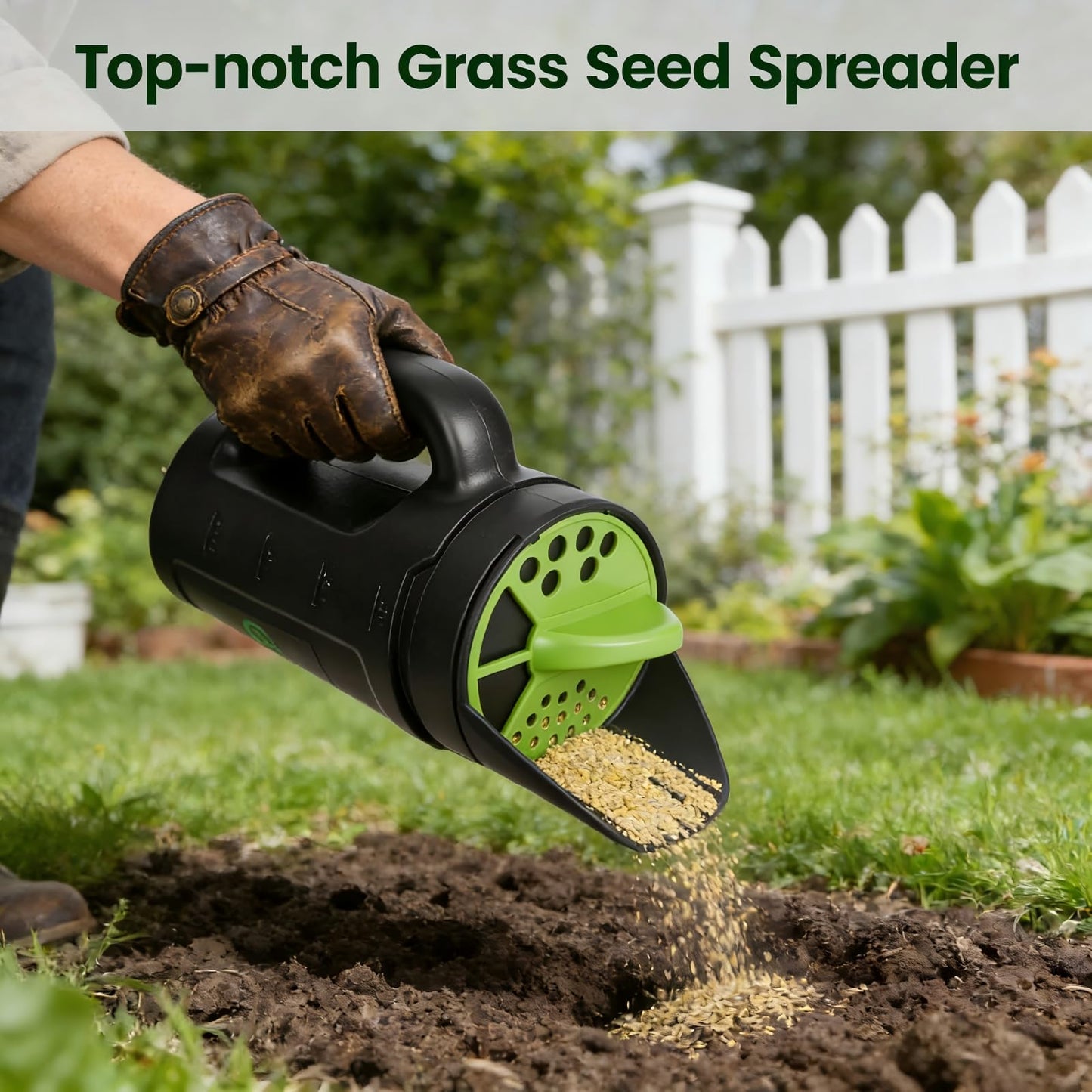 Handheld Garden Seed & Salt Spreader – 80oz Capacity, Adjustable Outlet, Ergonomic Handle for Fertilizer, Grass Seeds, Ice Melt Use (Green) - Image 7
