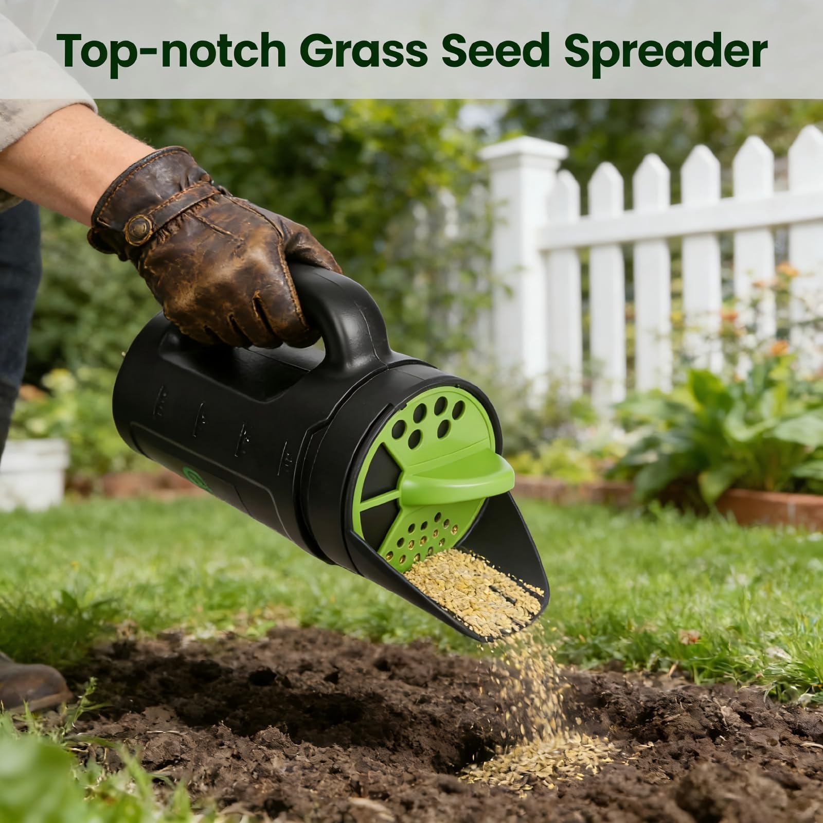 Handheld Garden Seed & Salt Spreader – 80oz Capacity, Adjustable Outlet, Ergonomic Handle for Fertilizer, Grass Seeds, Ice Melt Use (Green) - Image 7