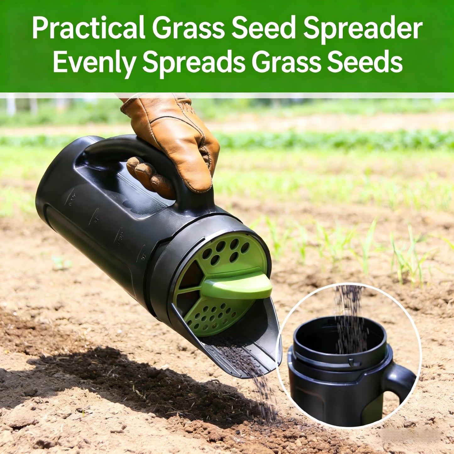 Handheld Garden Seed & Salt Spreader – 80oz Capacity, Adjustable Outlet, Ergonomic Handle for Fertilizer, Grass Seeds, Ice Melt Use (Green) - Image 8