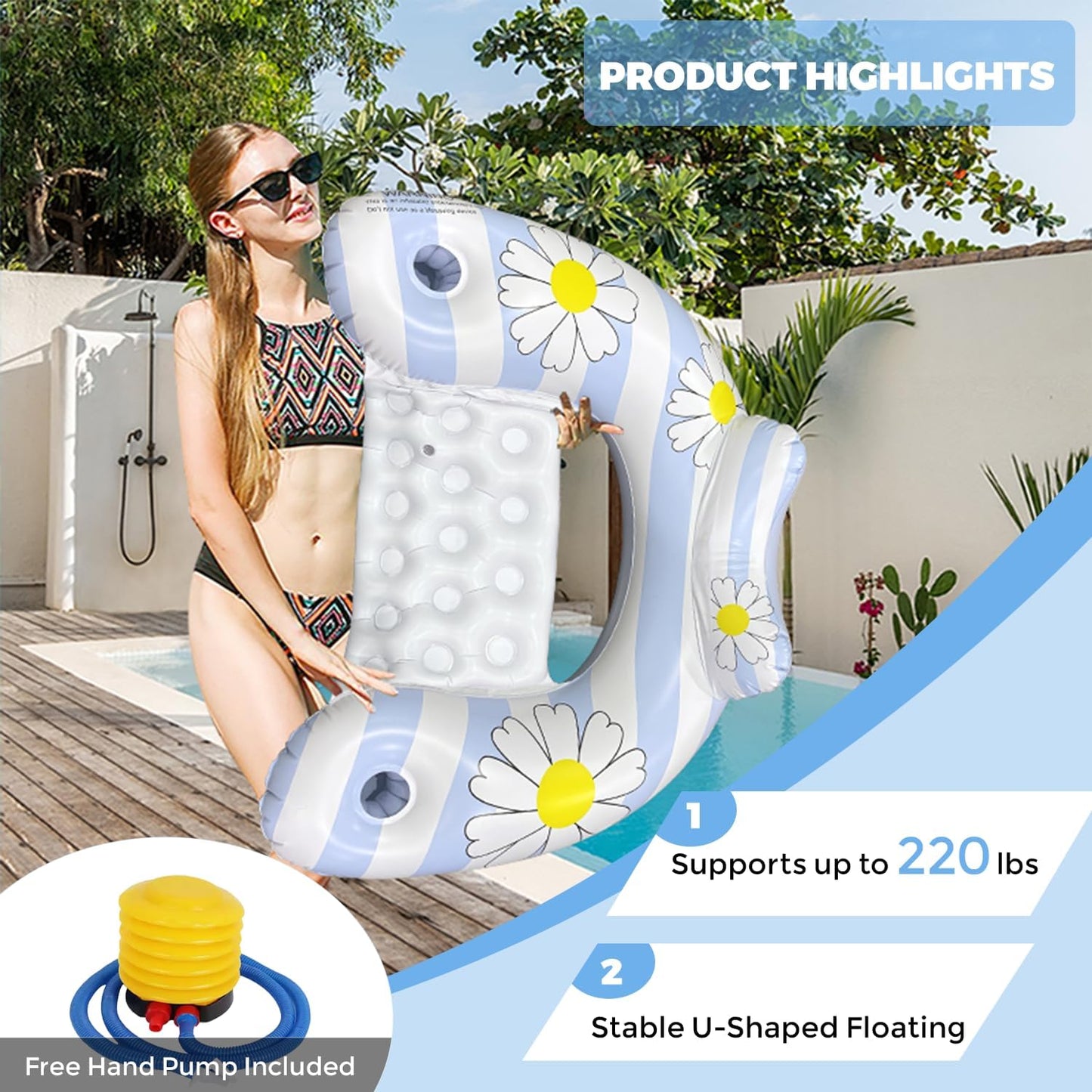 Daisy Inflatable Pool Floats 2-Pack for Adults: U-Shaped Lounge Chairs with Cup Holders, Portable for Pool, Beach, Summer Fun - Image 7