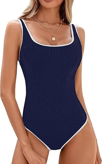 Women's Dark Blue One Piece Swimsuit with White Trim: Adjustable Strap, Ribbed, High Cut for Sports & Beach（M）