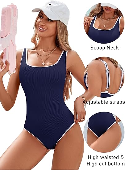 Women's Dark Blue One Piece Swimsuit with White Trim: Adjustable Strap, Ribbed, High Cut for Sports & Beach（S） - Image 3