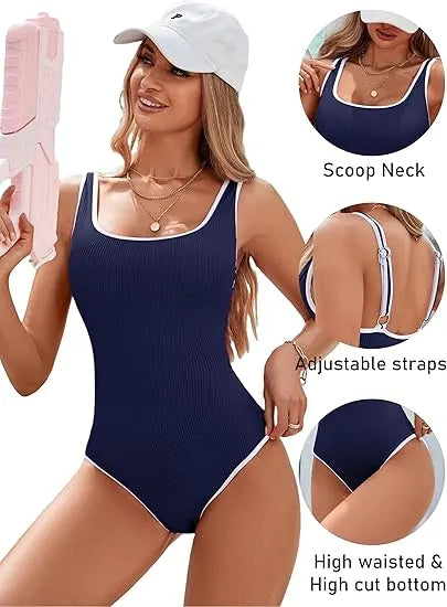 Women's Dark Blue One Piece Swimsuit with White Trim: Adjustable Strap, Ribbed, High Cut for Sports & Beach（XXL） - Image 3