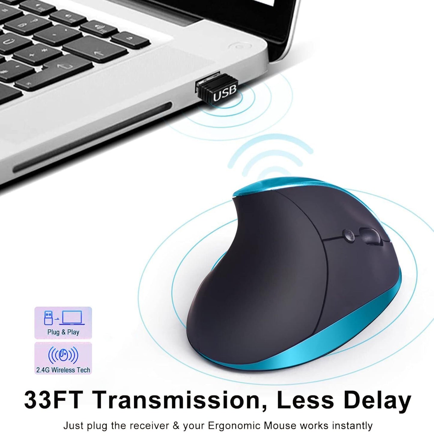 Blue Ergonomic Wireless Vertical Mouse (Small Hand-Friendly): USB-C Rechargeable, 2.4G 3-DPI, Reduce Wrist Strain (Right-Handed) - Image 3