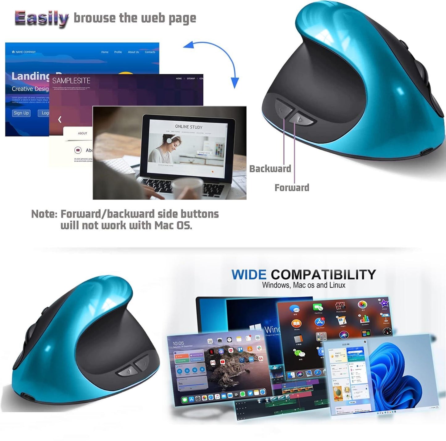 Blue Ergonomic Wireless Vertical Mouse (Small Hand-Friendly): USB-C Rechargeable, 2.4G 3-DPI, Reduce Wrist Strain (Right-Handed) - Image 4