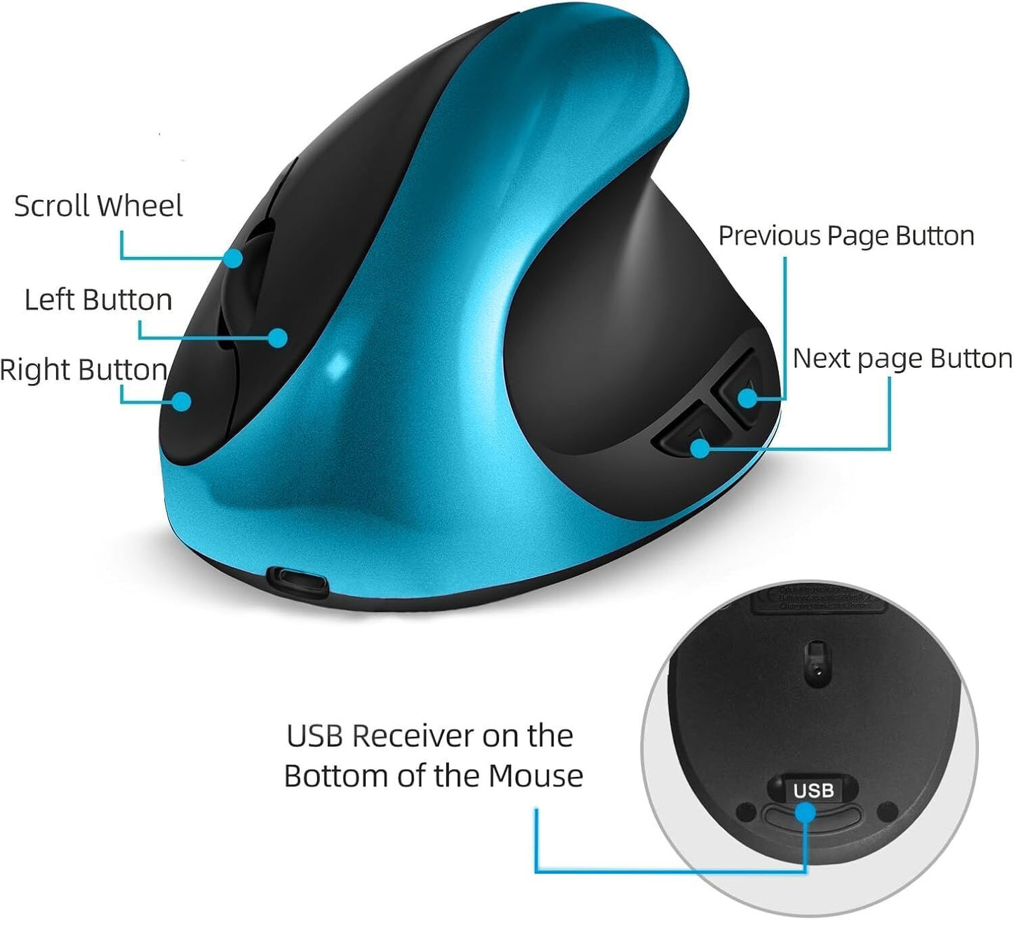 Blue Ergonomic Wireless Vertical Mouse (Small Hand-Friendly): USB-C Rechargeable, 2.4G 3-DPI, Reduce Wrist Strain (Right-Handed) - Image 5