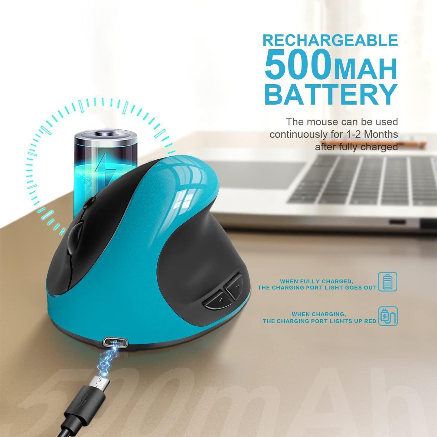 Blue Ergonomic Wireless Vertical Mouse (Small Hand-Friendly): USB-C Rechargeable, 2.4G 3-DPI, Reduce Wrist Strain (Right-Handed) - Image 7