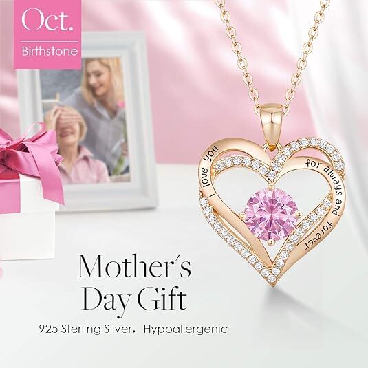 Forever Love Heart Birthstone Necklace: 925 Sterling Silver Personalized Jewelry for Mom, Wife, Friend with 12 Month Stone Options（pink diamond,October） - Image 3