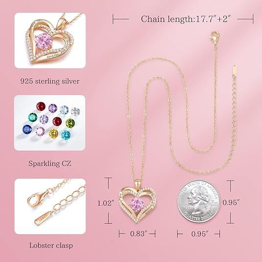Forever Love Heart Birthstone Necklace: 925 Sterling Silver Personalized Jewelry for Mom, Wife, Friend with 12 Month Stone Options（pink diamond,October） - Image 5