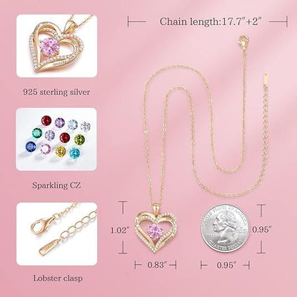 Forever Love Heart Birthstone Necklace: 925 Sterling Silver Personalized Jewelry for Mom, Wife, Friend with 12 Month Stone Options（pink diamond,October） - Image 5