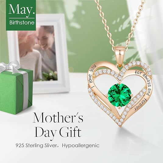 Forever Love Heart Birthstone Necklace: 925 Sterling Silver Personalized Jewelry for Mom, Wife, Friend with 12 Month Stone Options（green diamond,May） - Image 3