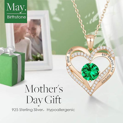 Forever Love Heart Birthstone Necklace: 925 Sterling Silver Personalized Jewelry for Mom, Wife, Friend with 12 Month Stone Options（green diamond,May） - Image 3