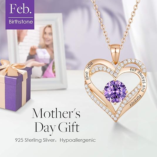 Forever Love Heart Birthstone Necklace: 925 Sterling Silver Personalized Jewelry for Mom, Wife, Friend with 12 Month Stone Options（purple diamond,February） - Image 3